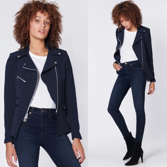 Veronica Beard Hadley Navy Scuba Jacket Moto Collar Asymmetric Zipper Sz 00